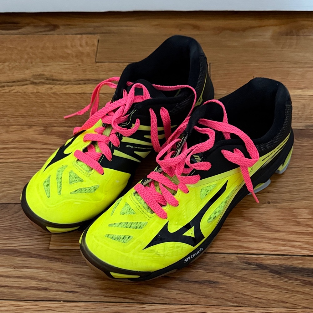 Mizuno Neon Yellow and Black Shoes with Pink Laces
